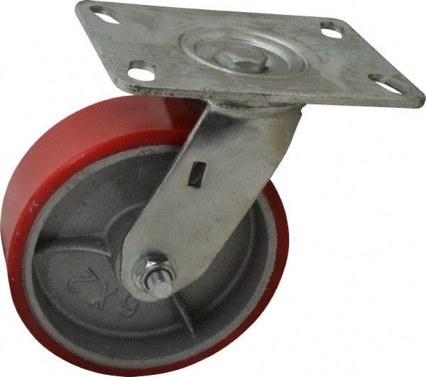 Fairbanks - 6" Diam x 2" Wide x 7-1/2" OAH Top Plate Mount Swivel Caster - Polyurethane, 1,000 Lb Capacity, Roller Bearing, 4-1/2 x 6-1/4" Plate - Exact Tooling