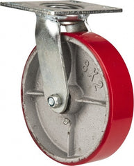 Fairbanks - 8" Diam x 2" Wide x 9-1/4" OAH Top Plate Mount Swivel Caster - Polyurethane, 1,200 Lb Capacity, Roller Bearing, 4-1/2 x 6-1/4" Plate - Exact Tooling