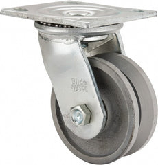 Value Collection - 4" Diam x 1-1/2" Wide, Metal With Groove Swivel Caster - 600 Lb Capacity, Top Plate Mount, 4" x 4-1/2" Plate, Roller Bearing - Exact Tooling