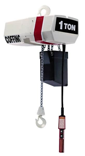 Coffing - 1 Ton Capacity, 12 FPM Lift Speed, Electric Chain Hoist - 10' Max Lift, 16-3/4" Min Headroom, 1 Chain - Exact Tooling