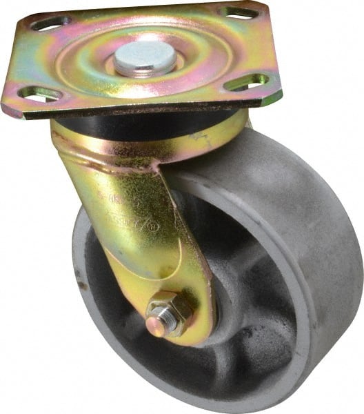 Albion - 5" Diam x 2" Wide x 6-1/2" OAH Top Plate Mount Swivel Caster - Semi-Steel, 1,100 Lb Capacity, Roller Bearing, 4 x 4-1/2" Plate - Exact Tooling