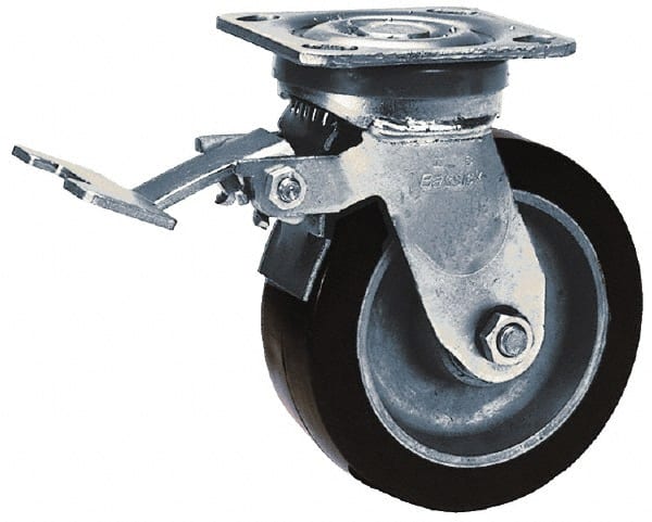 Albion - 8" Diam x 2" Wide x 9-1/2" OAH Top Plate Mount Swivel Caster with Brake - Polyurethane, 900 Lb Capacity, Roller Bearing, 4 x 4-1/2" Plate - Exact Tooling