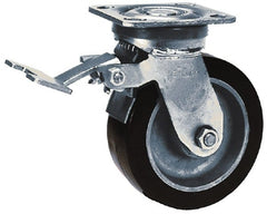 Albion - 5" Diam x 2" Wide x 6-1/2" OAH Top Plate Mount Swivel Caster with Brake - Phenolic, 900 Lb Capacity, Roller Bearing, 4 x 4-1/2" Plate - Exact Tooling