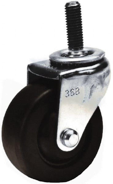Shepherd - 3" Diam x 13/16" Wide x 3-1/2" OAH Stem Mount Swivel Caster with Brake - Soft Rubber, 110 Lb Capacity, Nylon Bearing, 3/8-16 x 1-1/2" Threaded Stem - Exact Tooling