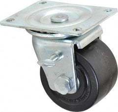 Albion - 3" Diam x 1-13/16" Wide x 3-31/32" OAH Top Plate Mount Swivel Caster with Brake - Phenolic, 700 Lb Capacity, Roller Bearing, 3-1/8 x 4-1/8" Plate - Exact Tooling