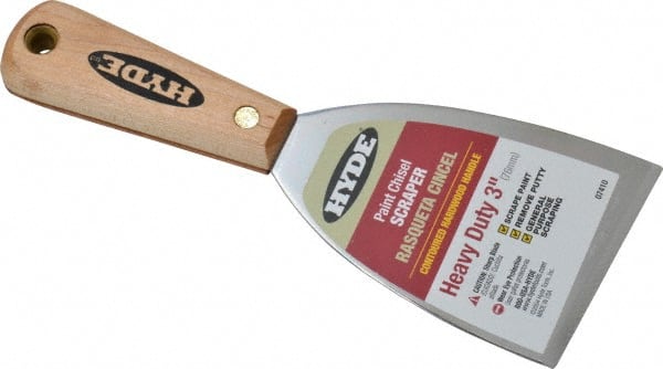 Hyde Tools - Stiff Carbon Steel Chisel Scraper - 3" Blade Width, 8-1/4" Long Hardwood Handle - Exact Tooling