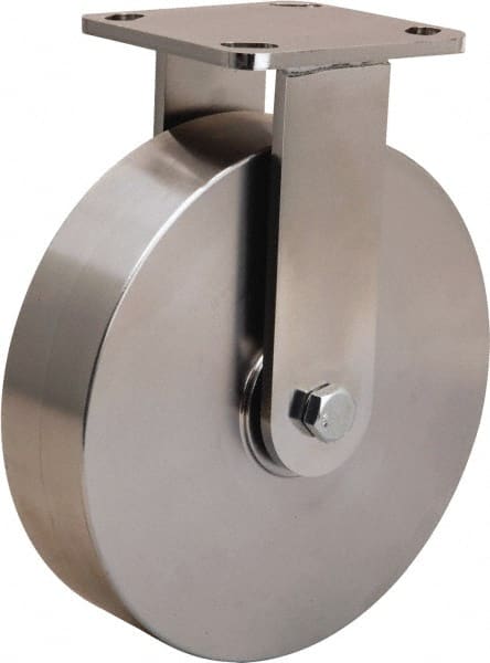 Hamilton - 8" Diam x 2" Wide x 9-1/2" OAH Top Plate Mount Rigid Caster - Stainless Steel, 1,600 Lb Capacity, Stainless Steel Double Shielded Precision Ball Bearing, 4 x 4-1/2" Plate - Exact Tooling