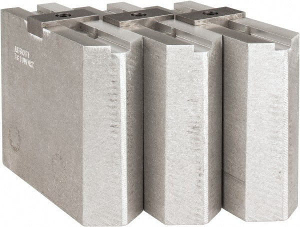 Abbott Workholding Products - Tongue & Groove Attachment, Square Soft Lathe Chuck Jaw - 3 Jaws, Aluminum, 2-1/8" Btw Mount Hole Ctrs, 4-1/2" Long x 1-1/2" Wide x 4" High, 1/2" Groove, 1/2" Fastener - Exact Tooling