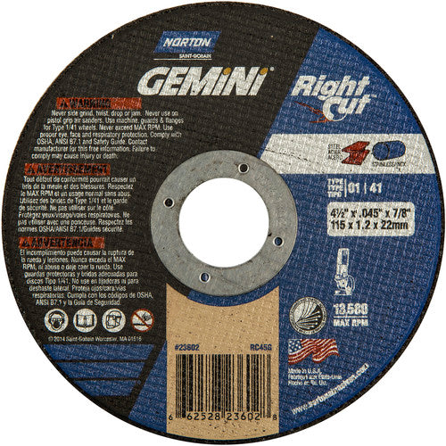 ‎4-1/2 x .045 × 7/8″ Gemini RightCut Right Angle Cut-Off Wheel A 36 Q Type 01/41 - Exact Tooling