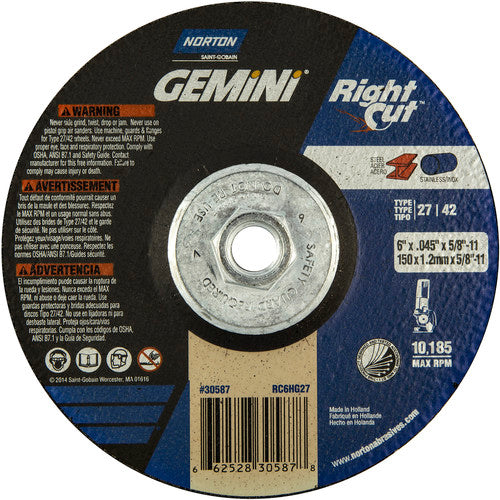 ‎6 x .045 × 5/8 - 11″ Gemini RightCut Cutting Wheel A 24 Q Type 27/42 - Exact Tooling