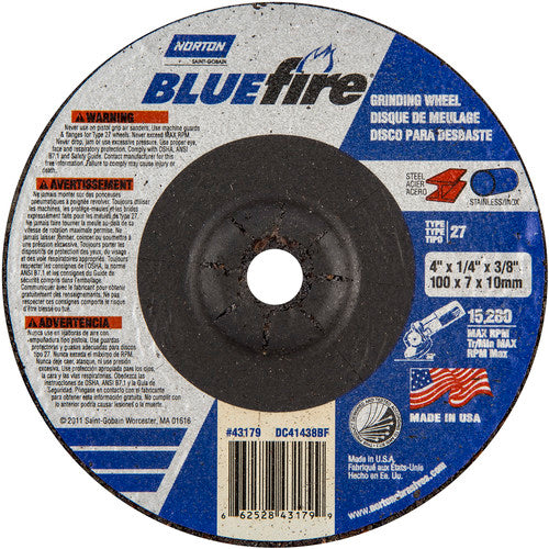 4″ × 1/4″ × 3/8″ BlueFire Non-Woven Depressed Center Wheel Type 27 Zirconia Alumina / Aluminum Oxide - Exact Tooling