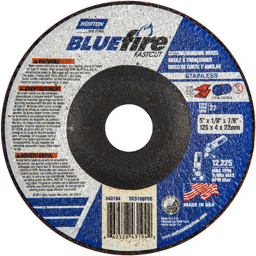 5″ × 1/8″ × 7/8″ BlueFire Non-Woven Depressed Center Wheel Type 27 Zirconia Alumina / Aluminum Oxide - Exact Tooling