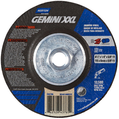 ‎4-1/2″ × 1/4″ × 5/8″-11 Gemini Depressed Center Wheel Type 27 Aluminum Oxide - Exact Tooling
