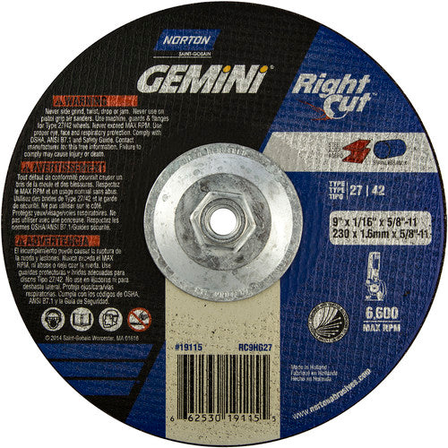 9″ × 0.060″ × 5/8″ Gemini Non-Woven Depressed Center Wheel Type 27 - Exact Tooling