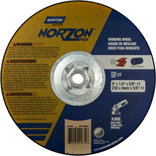 9″ × 1/4″ × 5/8″ NorZon Plus Non-Woven Depressed Center Wheel Type 27 - Exact Tooling