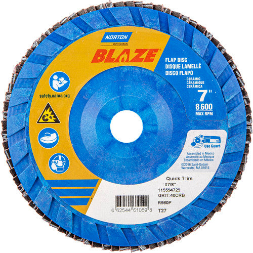 7 × 7/8″ Blaze Plastic Flat Flap Disc Type 27 40 Grit R980P Premium Ceramic Alumina - Exact Tooling