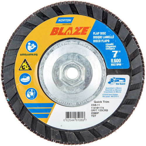 ‎7 × 5/8 - 11″ Blaze Plastic Flat Flap Disc Type 27 120 Grit R980P Premium Ceramic Alumina - Exact Tooling