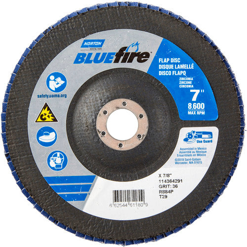7″ × 1/4″ × 7/8″ NorZon BlueFire R884 Flap Disc Type 29 Conical 36 Grit - Exact Tooling