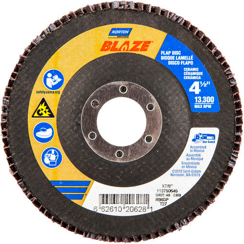 ‎4-1/2 × 7/8″ Blaze Fiberglass HD Flat Flap Disc Type 27 40 Grit R980P Premium Ceramic Alumina - Exact Tooling