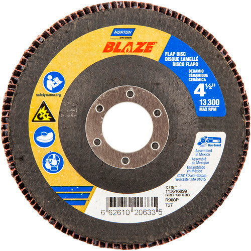 ‎4-1/2 × 7/8″ Blaze Fiberglass HD Flat Flap Disc Type 27 60 Grit R980P Premium Ceramic Alumina - Exact Tooling