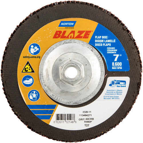 ‎7 × 5/8 - 11″ Blaze Fiberglass HD Flat Flap Disc Type 27 40 Grit R980P Premium Ceramic Alumina - Exact Tooling