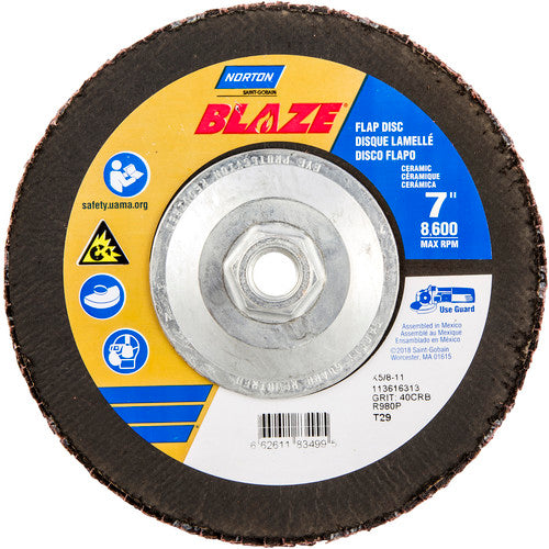 ‎7 × 5/8 - 11″ Blaze Fiberglass Conical Flap Disc Type 29 40 Grit R980P Premium Ceramic Alumina - Exact Tooling