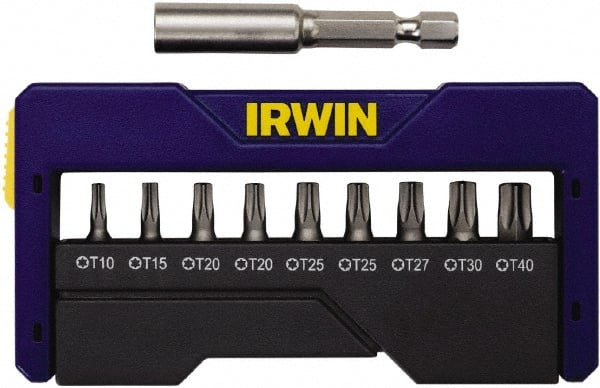 Irwin - 10 Piece, 1/4" Drive Screwdriver Insert Bit Set - 0.05 to 1/4" Hex, 1.27 to 10mm Hex, T10 to T40 Torx - Exact Tooling