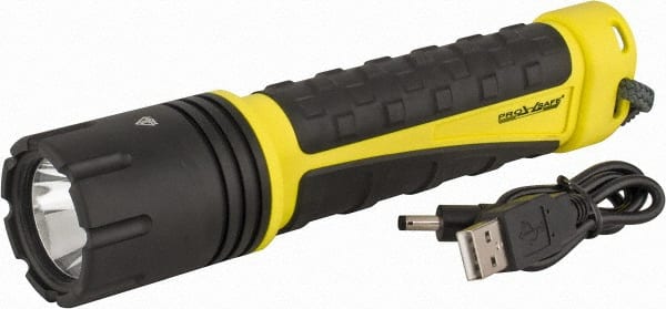 PRO-SAFE - White LED Bulb, 500 Lumens, Industrial/Tactical Flashlight - Black, Yellow Aluminum Body, 4 AA Batteries Not Included - Exact Tooling