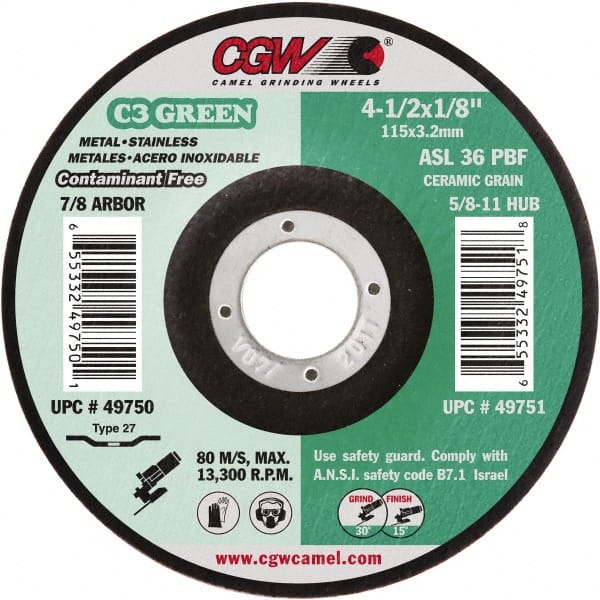 Camel Grinding Wheels - 36 Grit, 4-1/2" Wheel Diam, 1/8" Wheel Thickness, 7/8" Arbor Hole, Type 27 Depressed Center Wheel - Medium Grade, Aluminum Oxide, Resinoid Bond, 13,300 Max RPM - Exact Tooling