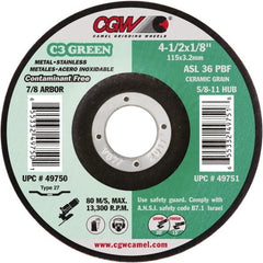 Camel Grinding Wheels - 36 Grit, 4-1/2" Wheel Diam, 1/8" Wheel Thickness, 7/8" Arbor Hole, Type 27 Depressed Center Wheel - Medium Grade, Aluminum Oxide, Resinoid Bond, 13,300 Max RPM - Exact Tooling