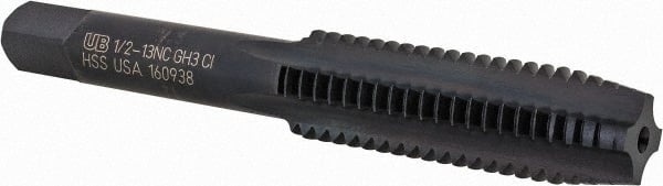 Union Butterfield - 1/2-13 UNC 3B 4 Flute Nitride/Oxide Finish High Speed Steel Straight Flute Standard Hand Tap - Plug, Right Hand Thread, 3-3/8" OAL, 1-21/32" Thread Length, H3 Limit, Oversize - Exact Tooling