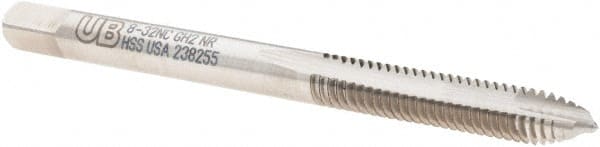 Union Butterfield - #8-32 UNC, 2 Flute, Bright Finish, High Speed Steel Spiral Point Tap - Plug Chamfer, Right Hand Thread, 2-1/8" OAL, 3/4" Thread Length, 0.168" Shank Diam, 2B/3B Class of Fit, Series 1534NR - Exact Tooling