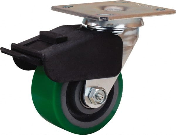 Hamilton - 4" Diam x 2" Wide x 5-5/8" OAH Top Plate Mount Swivel Caster with Brake - Polyurethane Mold onto Cast Iron Center, 750 Lb Capacity, Precision Ball Bearing, 4 x 4-1/2" Plate - Exact Tooling