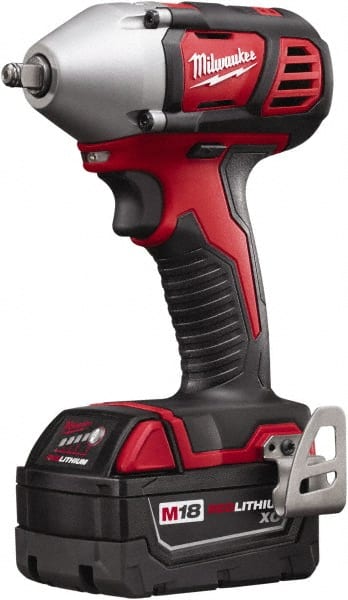 Milwaukee Tool - 3/8" Drive 18 Volt Pistol Grip Cordless Impact Wrench & Ratchet - 0 to 2,200 RPM, 0 to 3,200 BPM, 167 Ft/Lb Torque, 2 Lithium-Ion Batteries Included - Exact Tooling