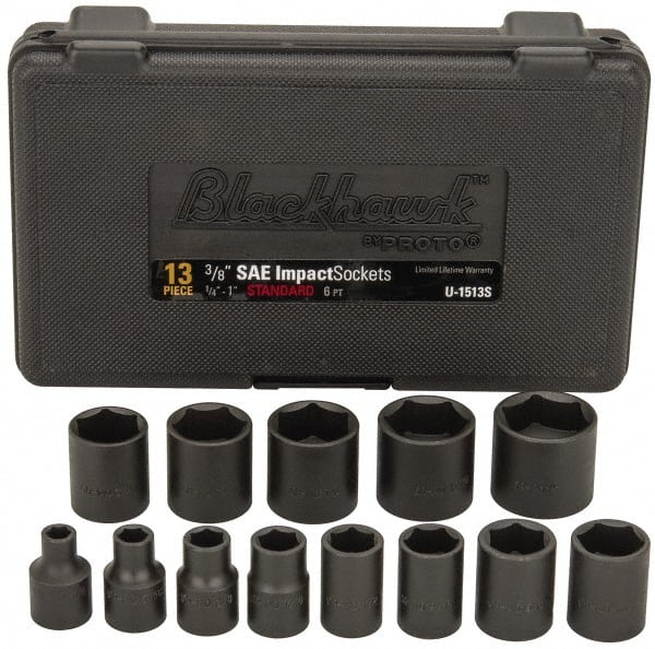 Blackhawk by Proto - 13 Piece 3/8" Drive Black Finish Impact Socket Set - 6 Points, 1/4" to 1" Range, Inch Measurement Standard - Exact Tooling