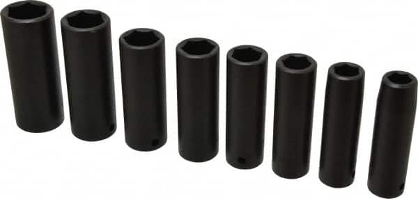 Proto - 8 Piece 1/2" Drive Black Finish Deep Well Impact Socket Set - 6 Points, 1/2" to 15/16" Range, Inch Measurement Standard - Exact Tooling