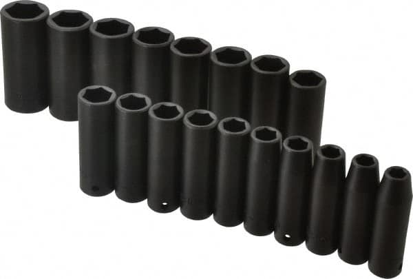 Proto - 18 Piece 1/2" Drive Black Finish Deep Well Impact Socket Set - 6 Points, 10mm to 27mm Range, Metric Measurement Standard - Exact Tooling
