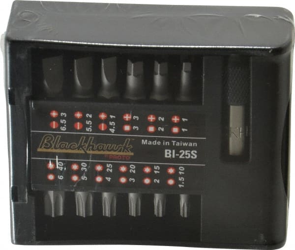 Blackhawk by Proto - 25 Piece, Screwdriver Insert Bit Set - #1, #2 & #3 Phillips, 1.5 to 6mm Hex, T10 to T40 Torx, #1, #2 & #3 Pozidriv, 5/32, 7/32 & 1/4" Slotted - Exact Tooling