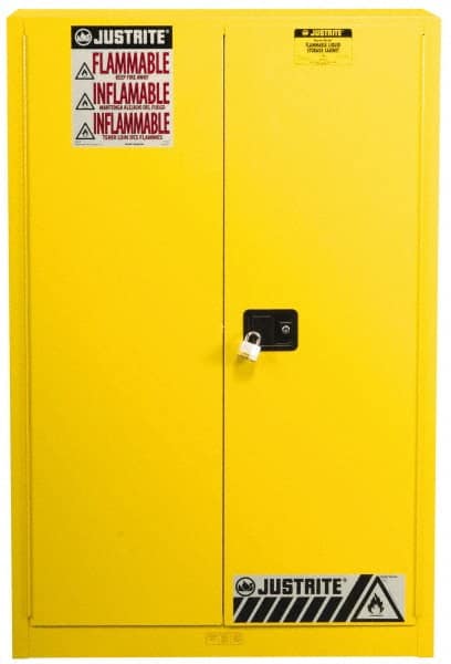 Justrite - 2 Door, 5 Shelf, Yellow Steel Standard Safety Cabinet for Flammable and Combustible Liquids - 65" High x 43" Wide x 18" Deep, Manual Closing Door, 3 Point Key Lock, 60 Gal Capacity - Exact Tooling