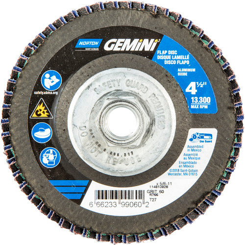 ‎4-1/2 × 5/8 - 11″ Gemini Fiberglass HD Flat Flap Disc Type 27 P60 Grit R766 Zirconia Alumina - Exact Tooling