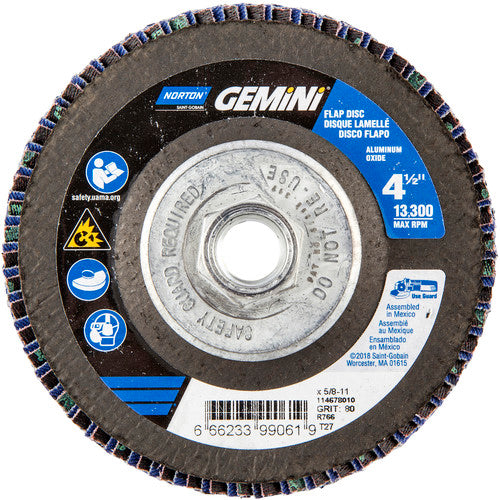 ‎4-1/2 × 5/8 - 11″ Gemini Fiberglass HD Flat Flap Disc Type 27 P80 Grit R766 Zirconia Alumina - Exact Tooling