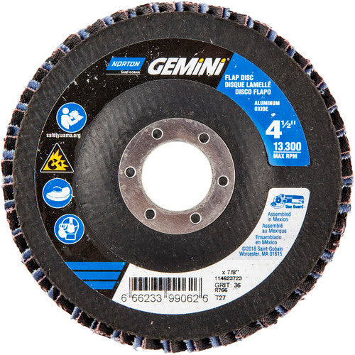‎4-1/2 × 7/8″ Gemini Fiberglass HD Flat Flap Disc Type 27 P36 Grit R766 Zirconia Alumina - Exact Tooling