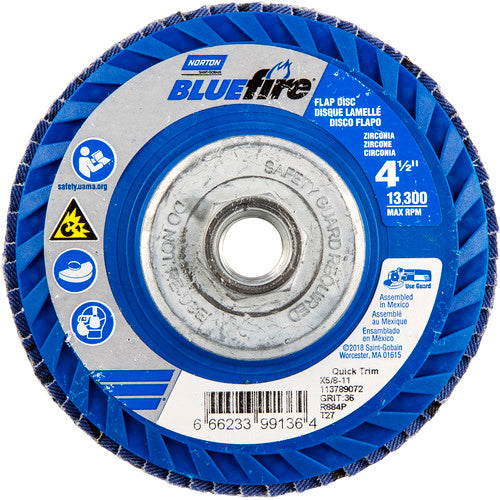 ‎4-1/2 × 5/8 - 11″ BlueFire Plastic Flat Flap Disc Type 27 P36 Grit R884P Zirconia Alumina - Exact Tooling