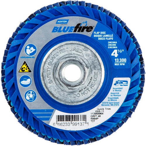 ‎4-1/2 × 5/8 - 11″ BlueFire Plastic Flat Flap Disc Type 27 P40 Grit R884P Zirconia Alumina - Exact Tooling