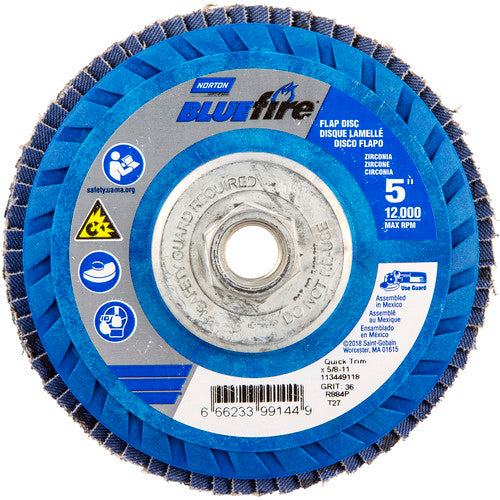 ‎5 × 5/8 - 11″ BlueFire Plastic Flat Flap Disc Type 27 P36 Grit R884P Zirconia Alumina - Exact Tooling
