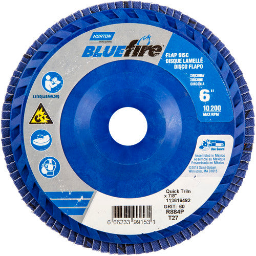 6 × 7/8″ BlueFire Plastic Flat Flap Disc Type 27 P60 Grit R884P Zirconia Alumina - Exact Tooling