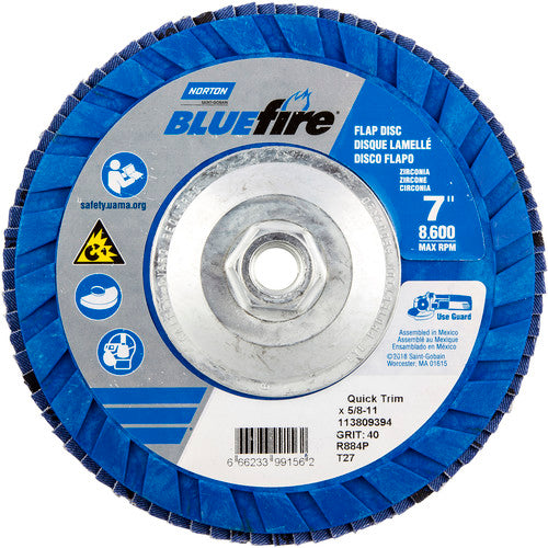 ‎7 × 5/8 - 11″ BlueFire Plastic Flat Flap Disc Type 27 P40 Grit R884P Zirconia Alumina - Exact Tooling