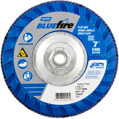 ‎7 × 5/8 - 11″ BlueFire Plastic Flat Flap Disc Type 27 P60 Grit R884P Zirconia Alumina - Exact Tooling