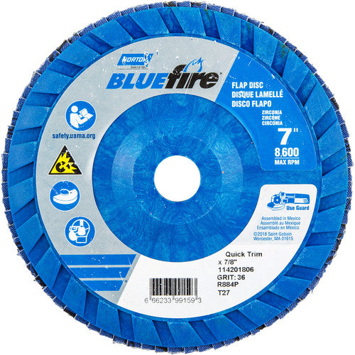 7 × 7/8″ BlueFire Plastic Flat Flap Disc Type 27 P36 Grit R884P Zirconia Alumina - Exact Tooling