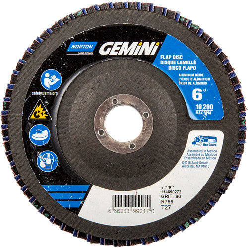 6 × 7/8″ Gemini Fiberglass HD Flat Flap Disc Type 27 P60 Grit R766 Zirconia Alumina - Exact Tooling